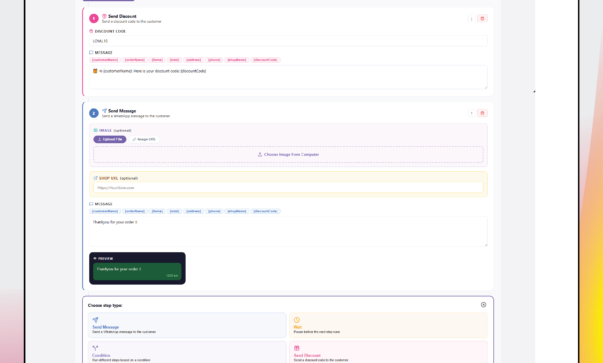 ConfirmQ WhatsApp automation flow builder screenshot