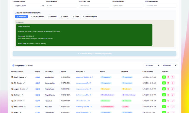 ConfirmQ shipment tracking screen used to reduce RTO on Shopify COD orders